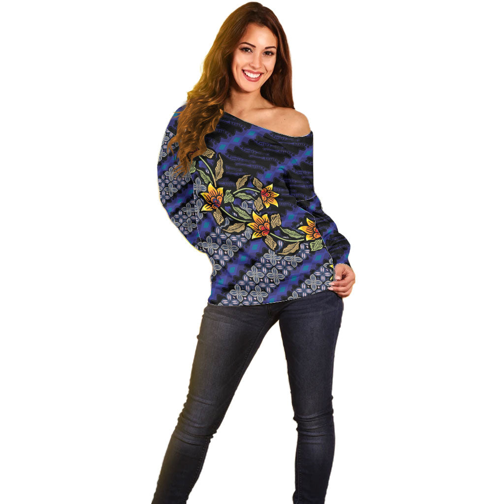 Indonesian Batik Motifs Pattern Floral Art Dark Blue Off Shoulder Sweater