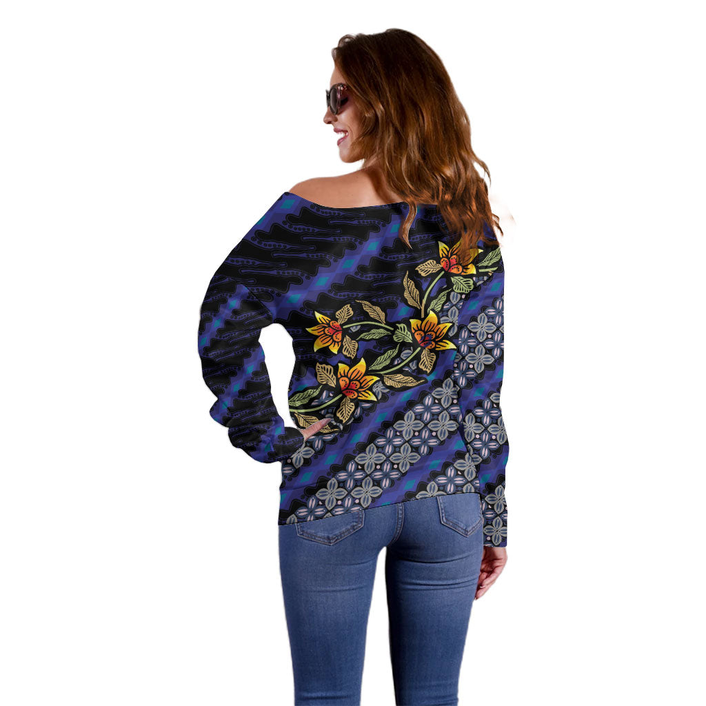 Indonesian Batik Motifs Pattern Floral Art Dark Blue Off Shoulder Sweater