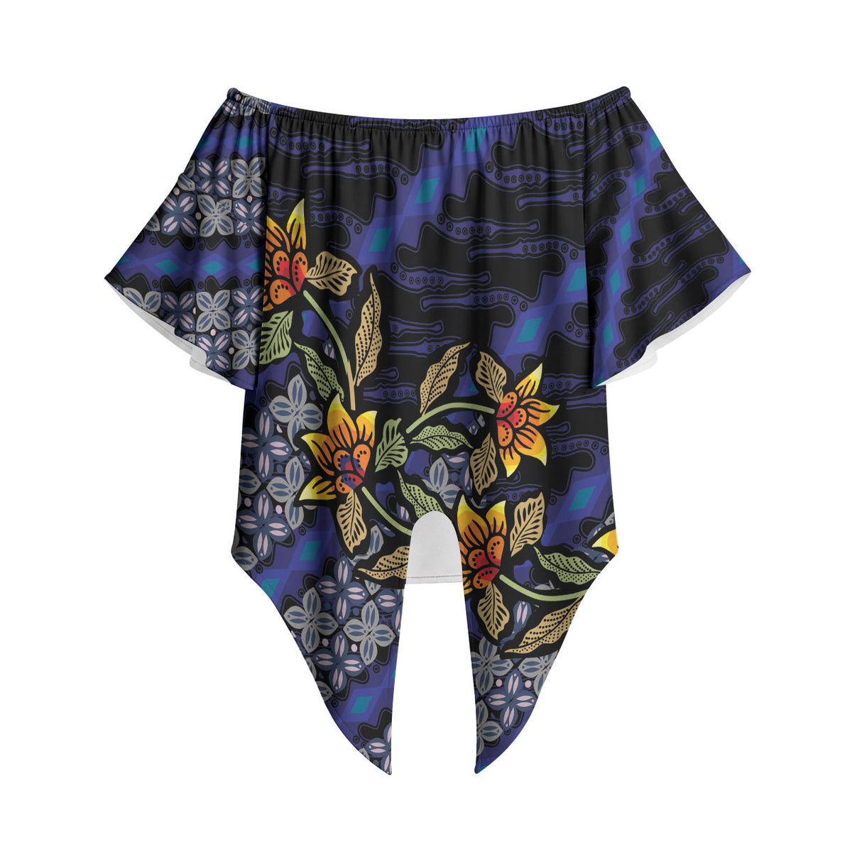 Indonesian Batik Motifs Pattern Floral Art Dark Blue Off Shoulder Wrap Waist Top