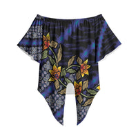 Indonesian Batik Motifs Pattern Floral Art Dark Blue Off Shoulder Wrap Waist Top