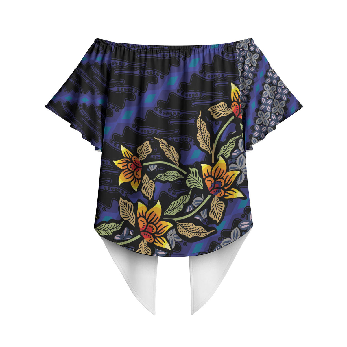 Indonesian Batik Motifs Pattern Floral Art Dark Blue Off Shoulder Wrap Waist Top