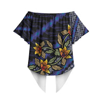 Indonesian Batik Motifs Pattern Floral Art Dark Blue Off Shoulder Wrap Waist Top