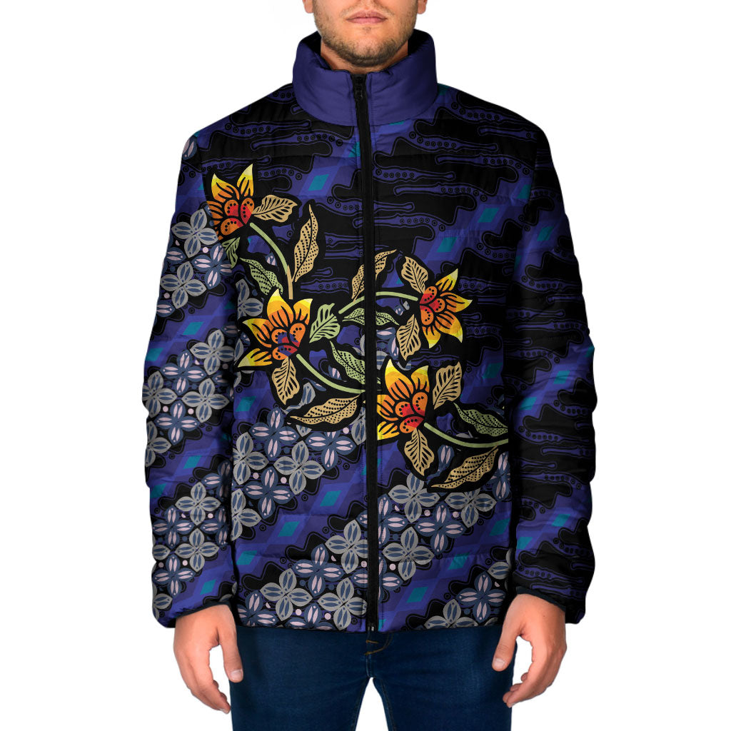 Indonesian Batik Motifs Pattern Floral Art Dark Blue Padded Jacket