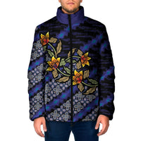 Indonesian Batik Motifs Pattern Floral Art Dark Blue Padded Jacket