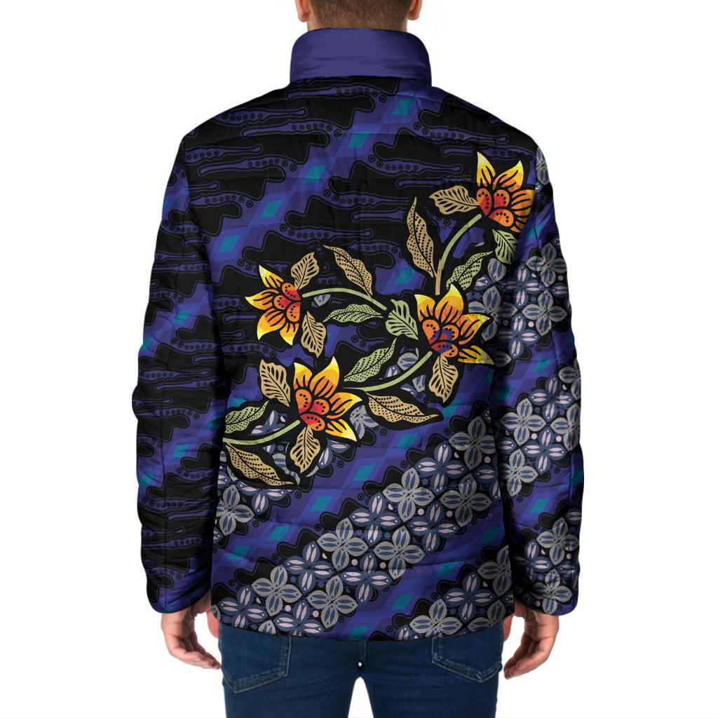 Indonesian Batik Motifs Pattern Floral Art Dark Blue Padded Jacket