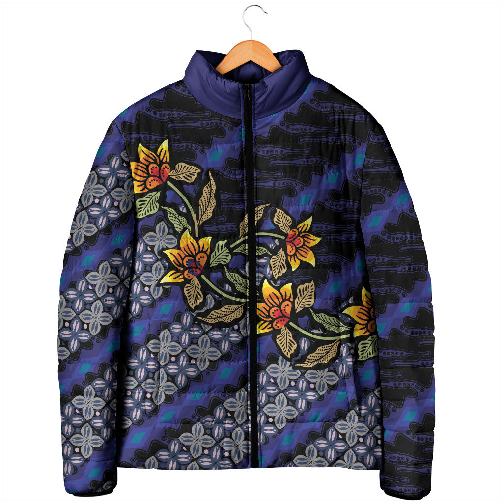 Indonesian Batik Motifs Pattern Floral Art Dark Blue Padded Jacket