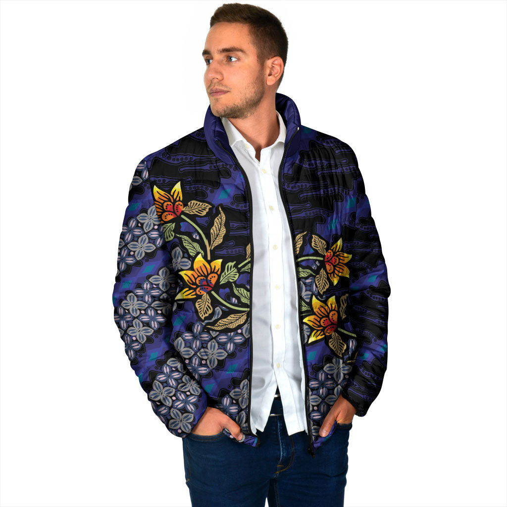 Indonesian Batik Motifs Pattern Floral Art Dark Blue Padded Jacket