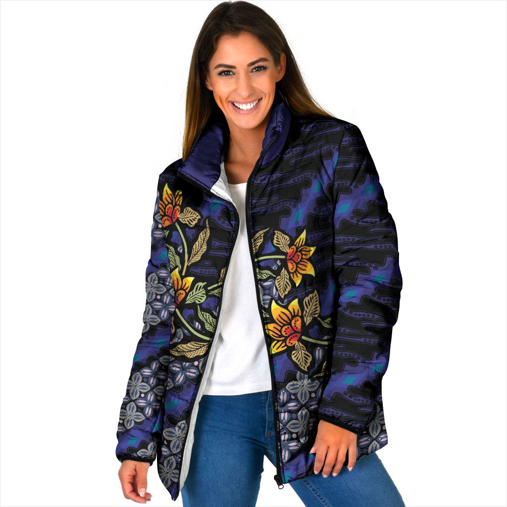 Indonesian Batik Motifs Pattern Floral Art Dark Blue Padded Jacket