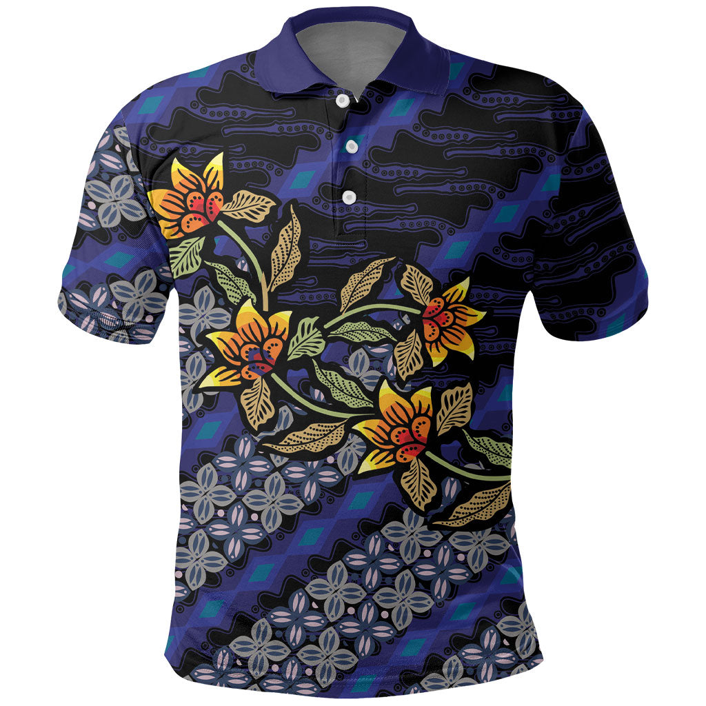 Indonesian Batik Motifs Pattern Floral Art Dark Blue Polo Shirt