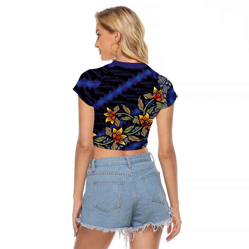 Indonesian Batik Motifs Pattern Floral Art Dark Blue Raglan Cropped T Shirt