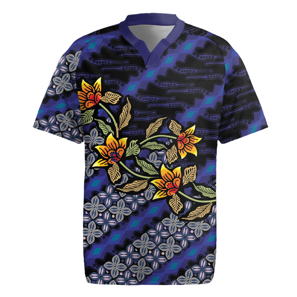 Indonesian Batik Motifs Pattern Floral Art Dark Blue Rugby Jersey
