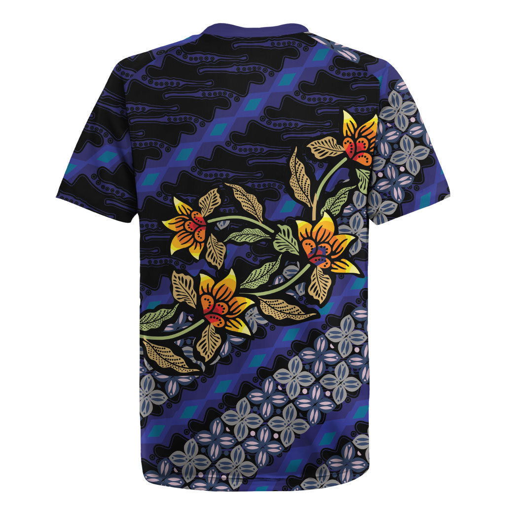 Indonesian Batik Motifs Pattern Floral Art Dark Blue Rugby Jersey