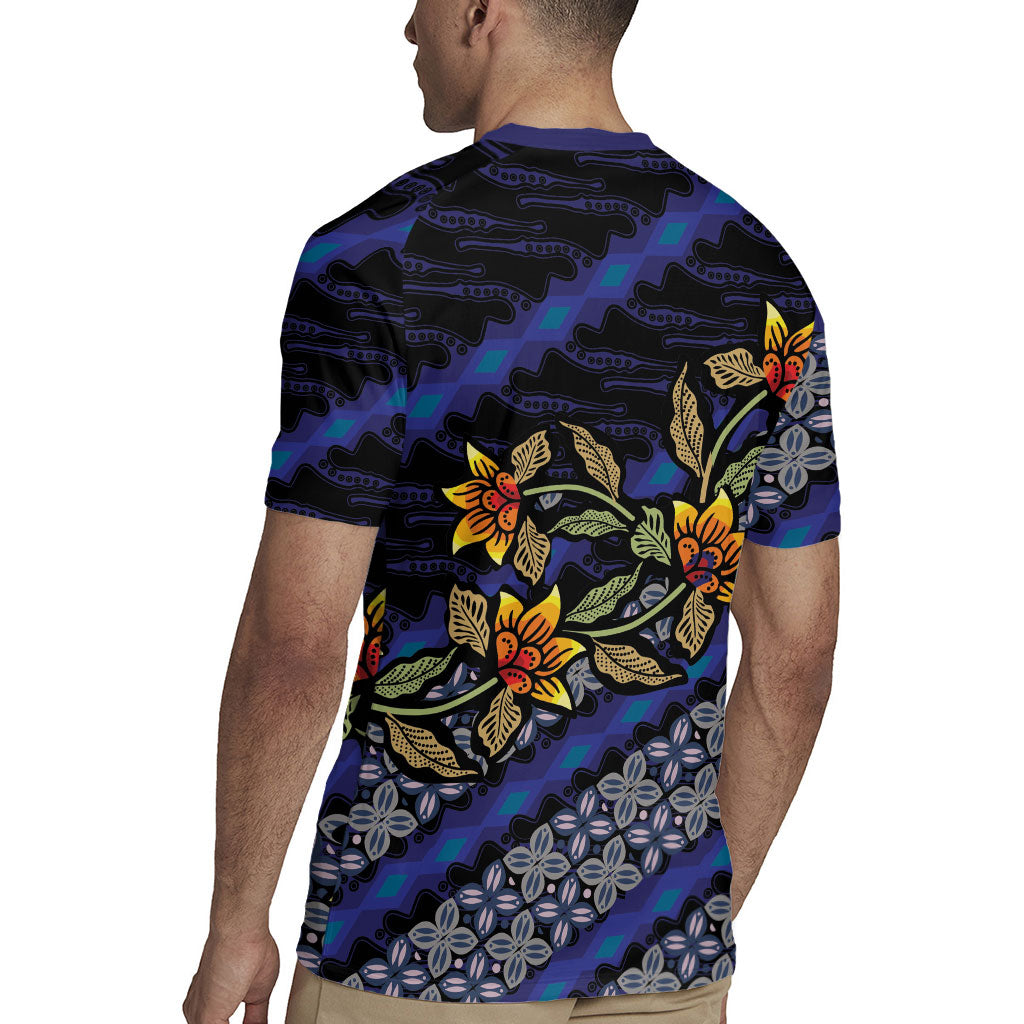 Indonesian Batik Motifs Pattern Floral Art Dark Blue Rugby Jersey