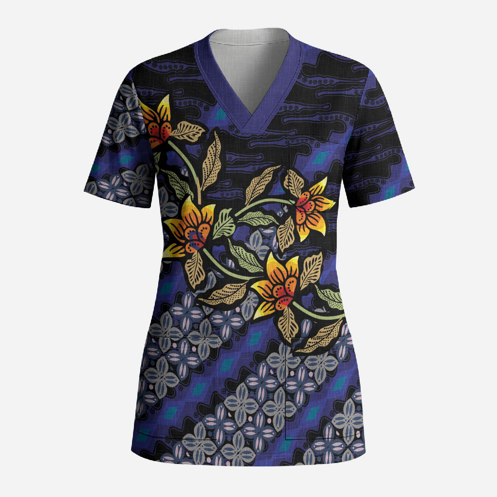 Indonesian Batik Motifs Pattern Floral Art Dark Blue Scrub Top
