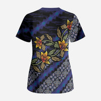 Indonesian Batik Motifs Pattern Floral Art Dark Blue Scrub Top