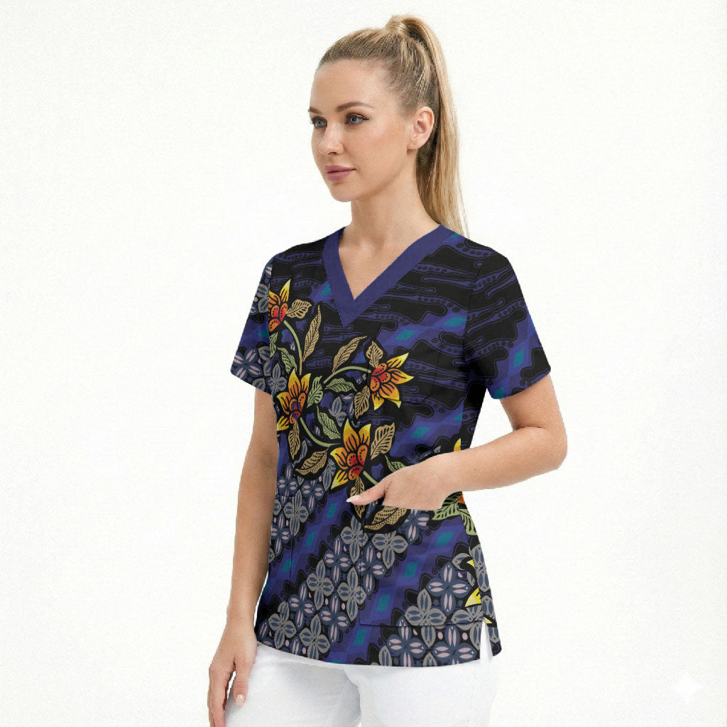 Indonesian Batik Motifs Pattern Floral Art Dark Blue Scrub Top