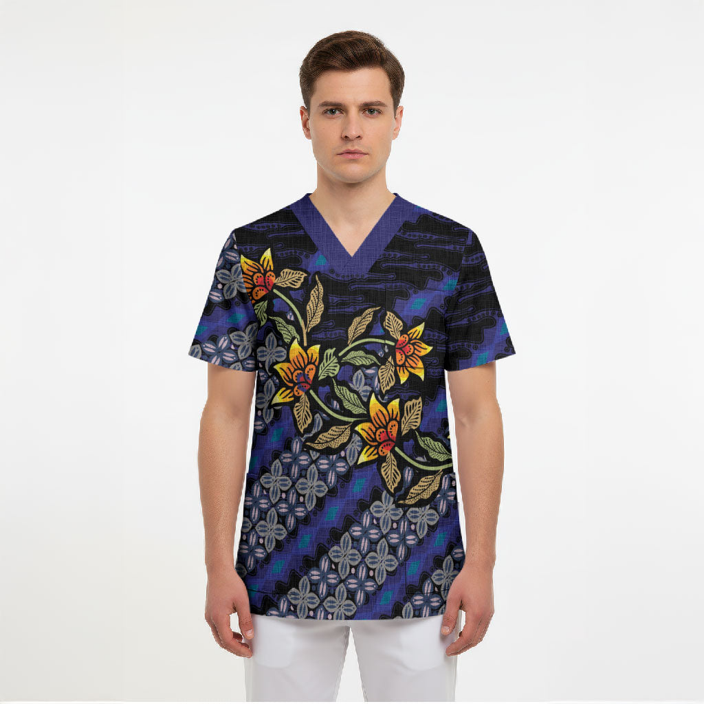 Indonesian Batik Motifs Pattern Floral Art Dark Blue Scrub Top
