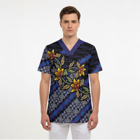 Indonesian Batik Motifs Pattern Floral Art Dark Blue Scrub Top