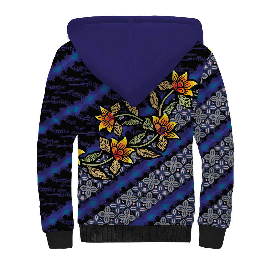 Indonesian Batik Motifs Pattern Floral Art Dark Blue Sherpa Hoodie