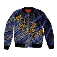 Indonesian Batik Motifs Pattern Floral Art Dark Blue Sleeve Zip Bomber Jacket