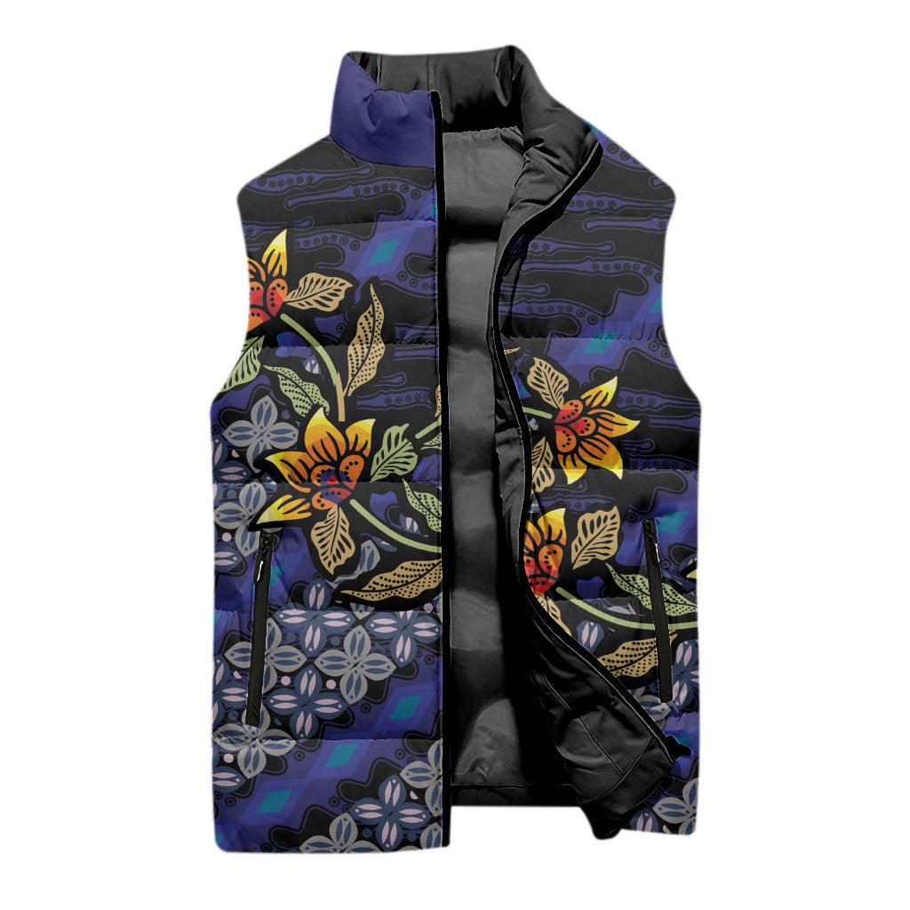 Indonesian Batik Motifs Pattern Floral Art Dark Blue Sleeveless Puffer Jacket