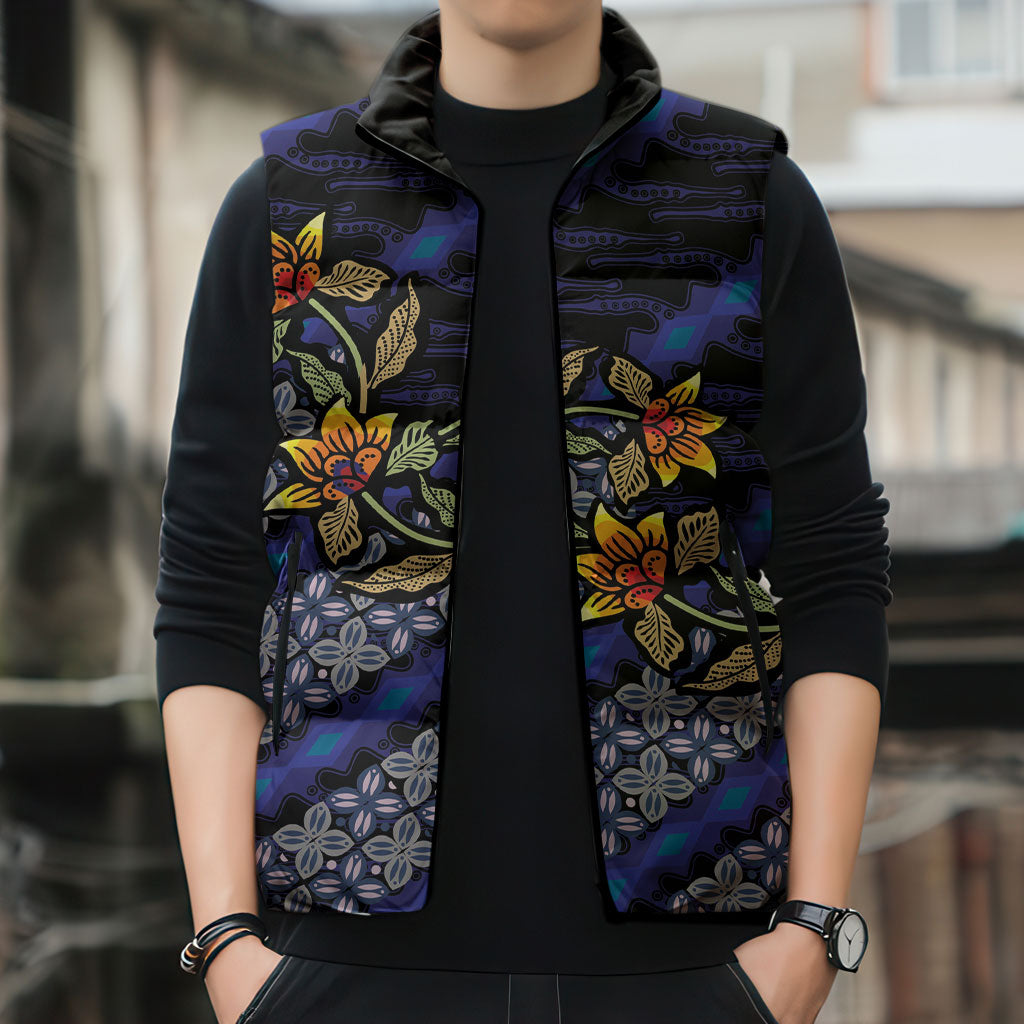 Indonesian Batik Motifs Pattern Floral Art Dark Blue Sleeveless Puffer Jacket