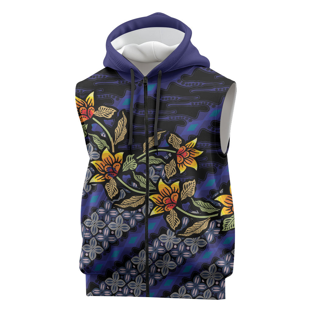 Indonesian Batik Motifs Pattern Floral Art Dark Blue Sleeveless Zip Hoodie