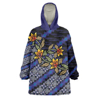 Indonesian Batik Motifs Pattern Floral Art Dark Blue Wearable Blanket Hoodie