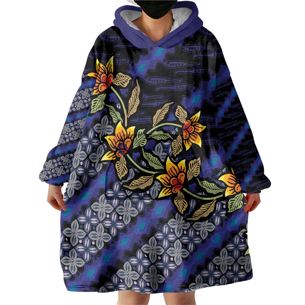Indonesian Batik Motifs Pattern Floral Art Dark Blue Wearable Blanket Hoodie