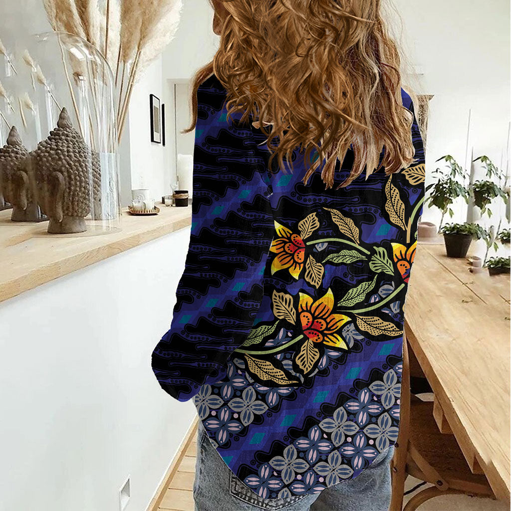 Indonesian Batik Motifs Pattern Floral Art Dark Blue Women Casual Shirt