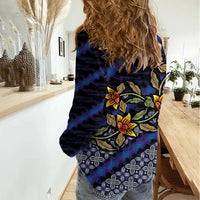Indonesian Batik Motifs Pattern Floral Art Dark Blue Women Casual Shirt