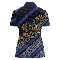 Indonesian Batik Motifs Pattern Floral Art Dark Blue Women Polo Shirt