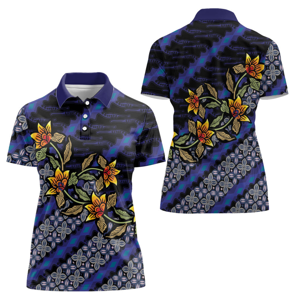 Indonesian Batik Motifs Pattern Floral Art Dark Blue Women Polo Shirt