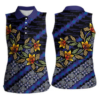 Indonesian Batik Motifs Pattern Floral Art Dark Blue Women Sleeveless Polo Shirt