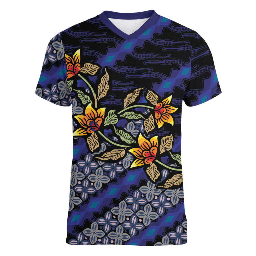 Indonesian Batik Motifs Pattern Floral Art Dark Blue Women V-Neck T-Shirt