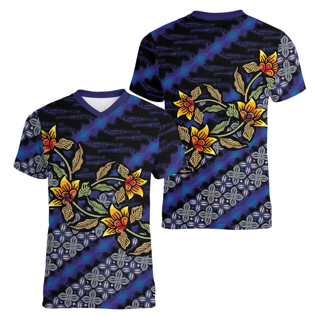 Indonesian Batik Motifs Pattern Floral Art Dark Blue Women V-Neck T-Shirt