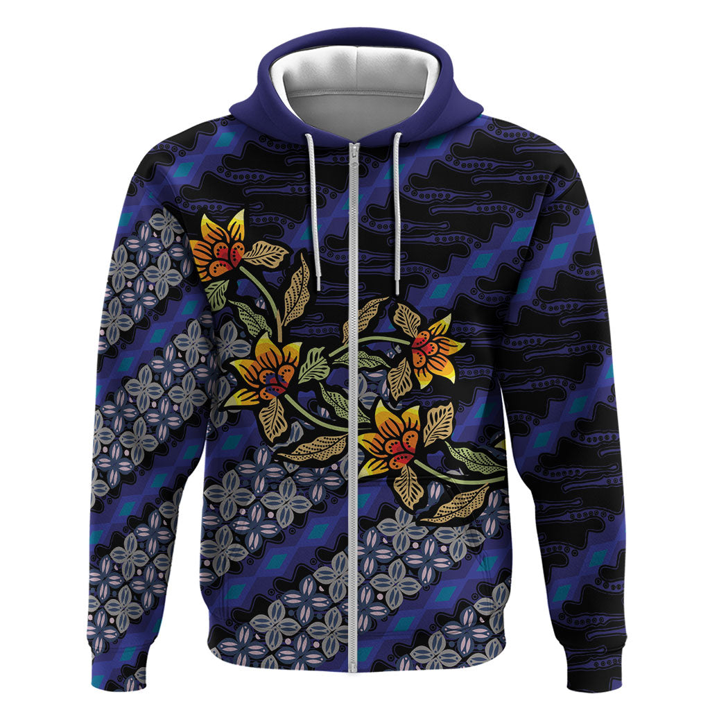 Indonesian Batik Motifs Pattern Floral Art Dark Blue Zip Hoodie