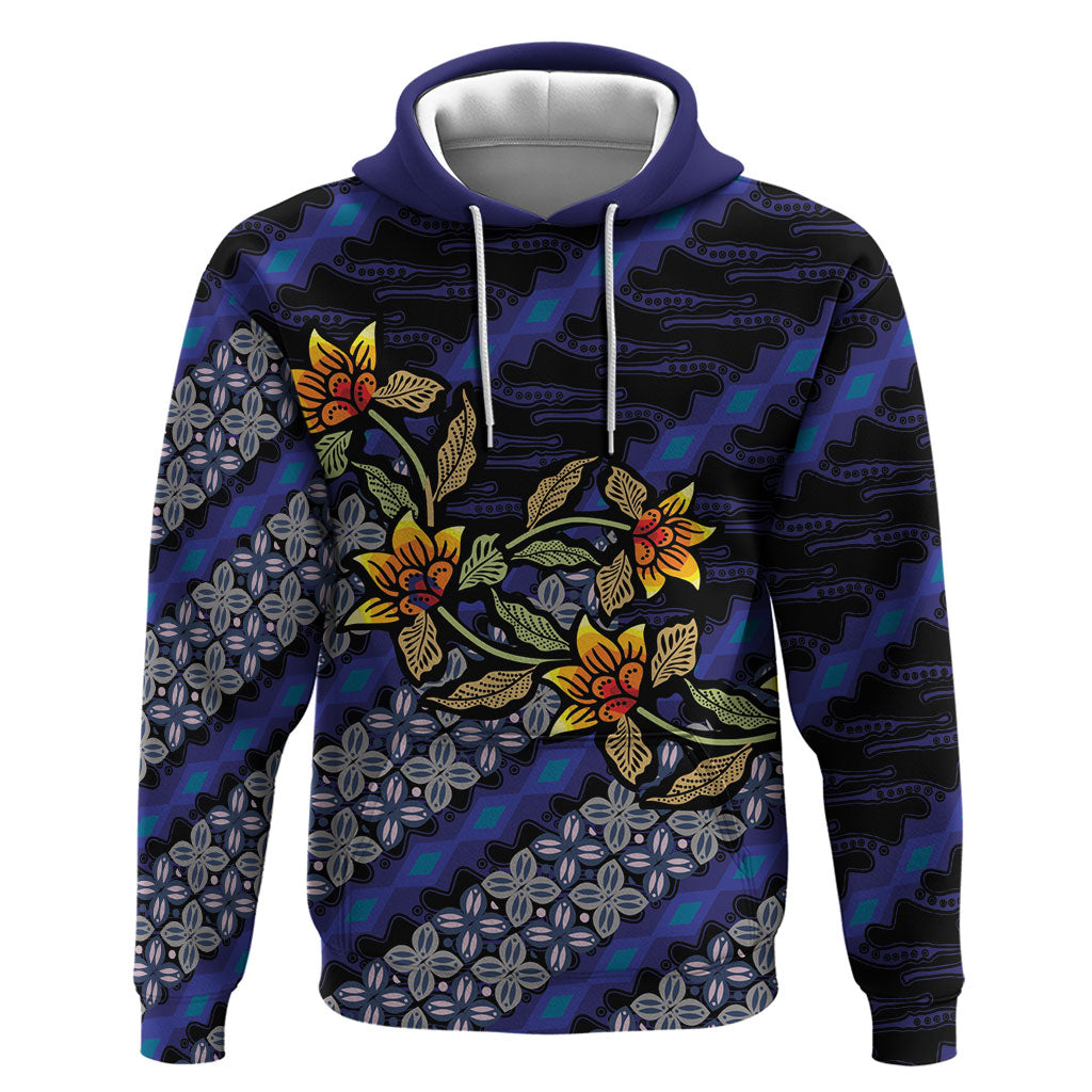 Indonesian Batik Motifs Pattern Floral Art Dark Blue Zip Hoodie