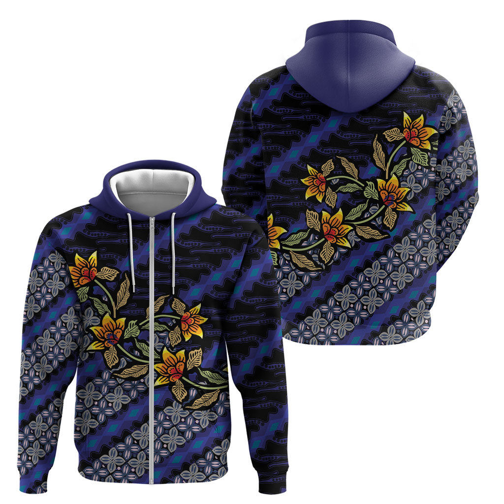 Indonesian Batik Motifs Pattern Floral Art Dark Blue Zip Hoodie