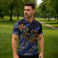 Indonesian Batik Motifs Pattern Floral Art Dark Blue Zipper Polo Shirt