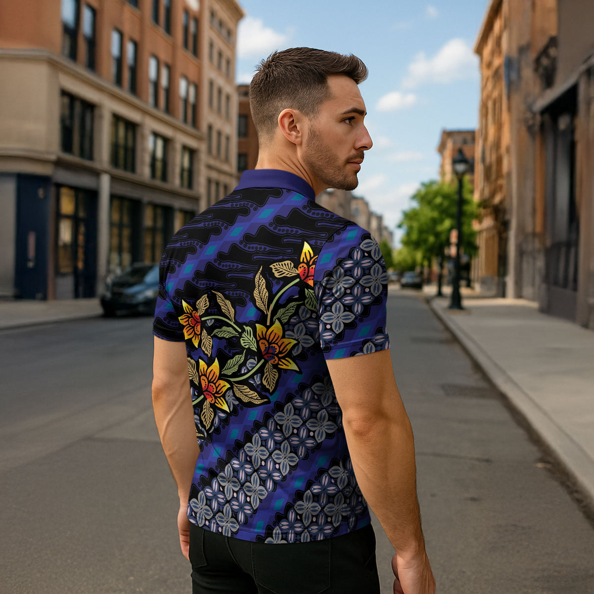 Indonesian Batik Motifs Pattern Floral Art Dark Blue Zipper Polo Shirt
