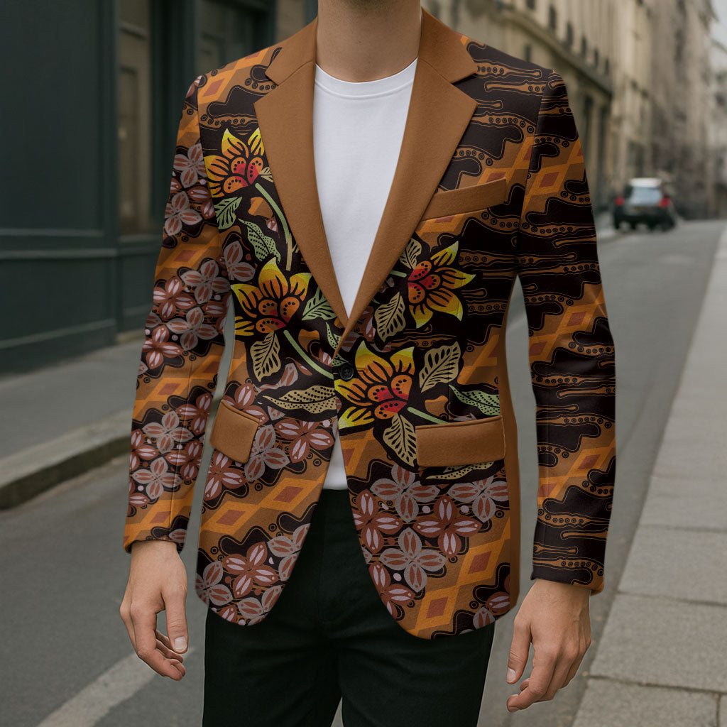 Indonesian Batik Motifs Pattern Floral Art Orange Blazer