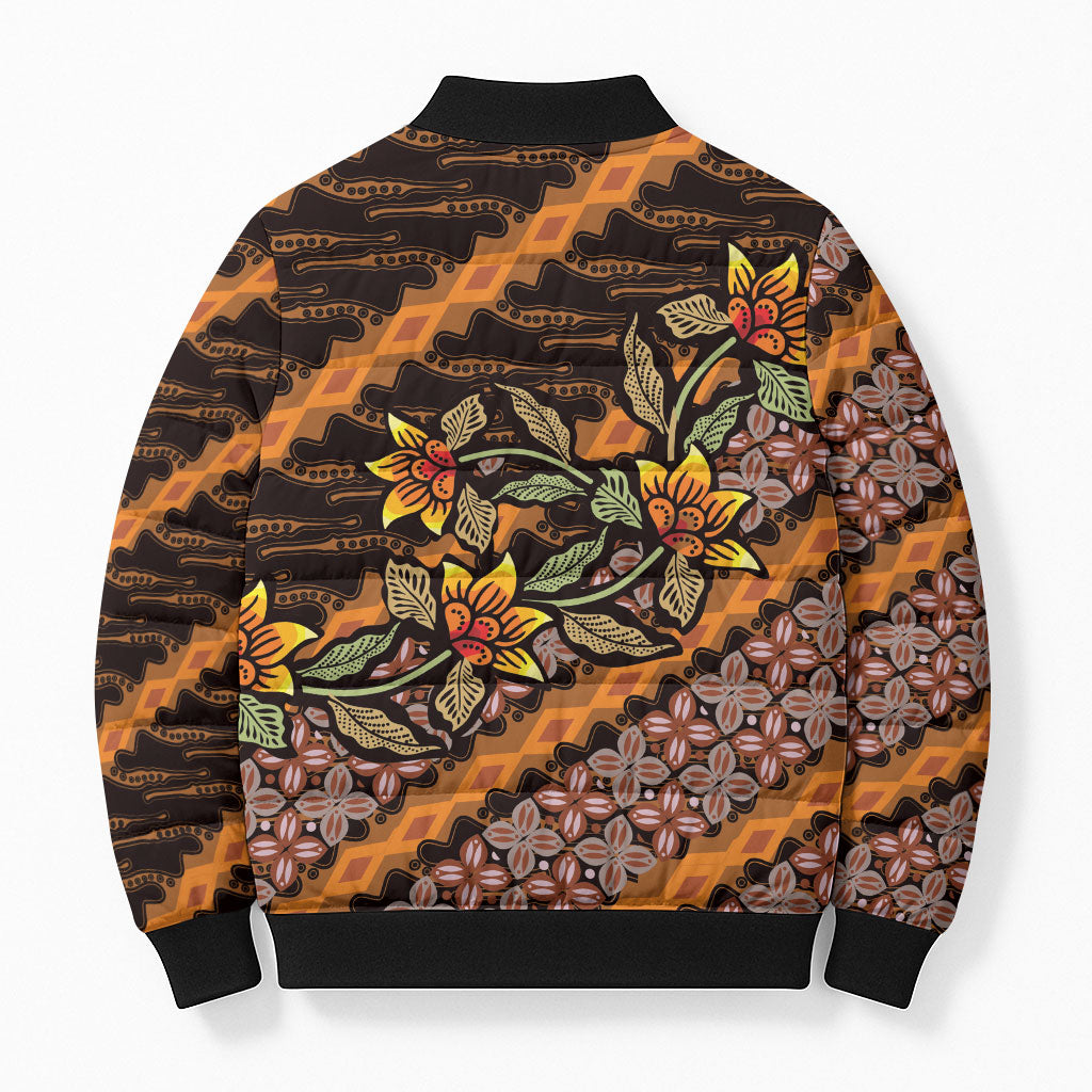 Indonesian Batik Motifs Pattern Floral Art Orange Bomber Puffer Jacket