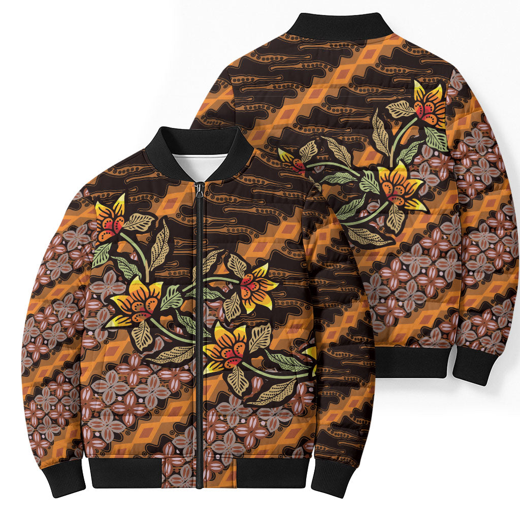 Indonesian Batik Motifs Pattern Floral Art Orange Bomber Puffer Jacket