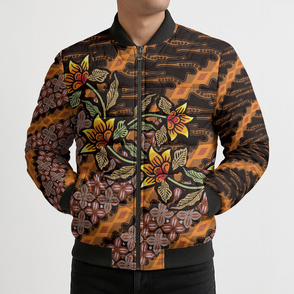 Indonesian Batik Motifs Pattern Floral Art Orange Bomber Puffer Jacket