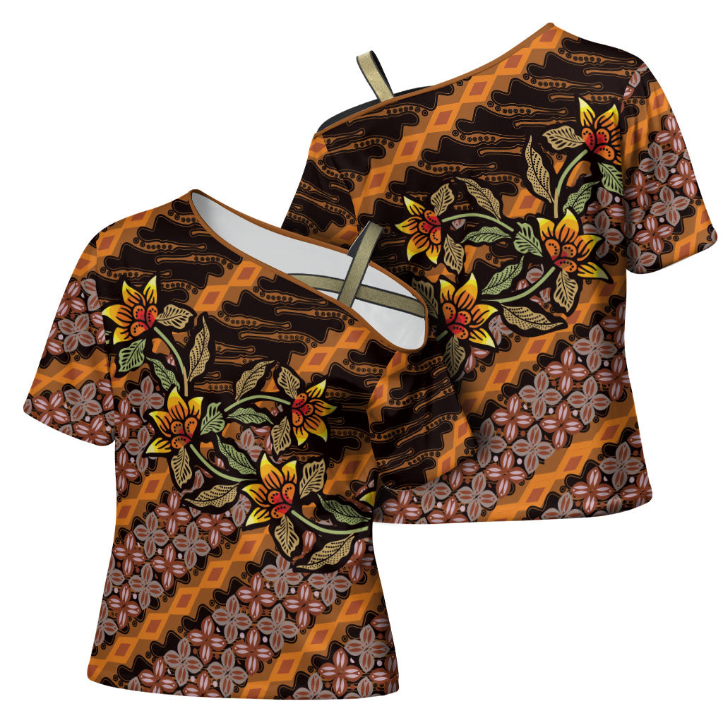 Indonesian Batik Motifs Pattern Floral Art Orange Cross Shoulder Shirt