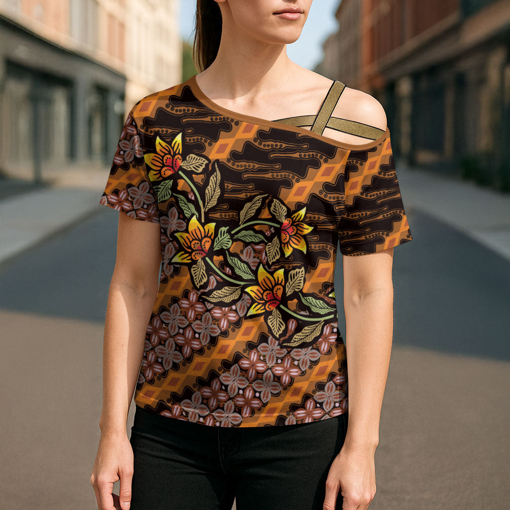 Indonesian Batik Motifs Pattern Floral Art Orange Cross Shoulder Shirt