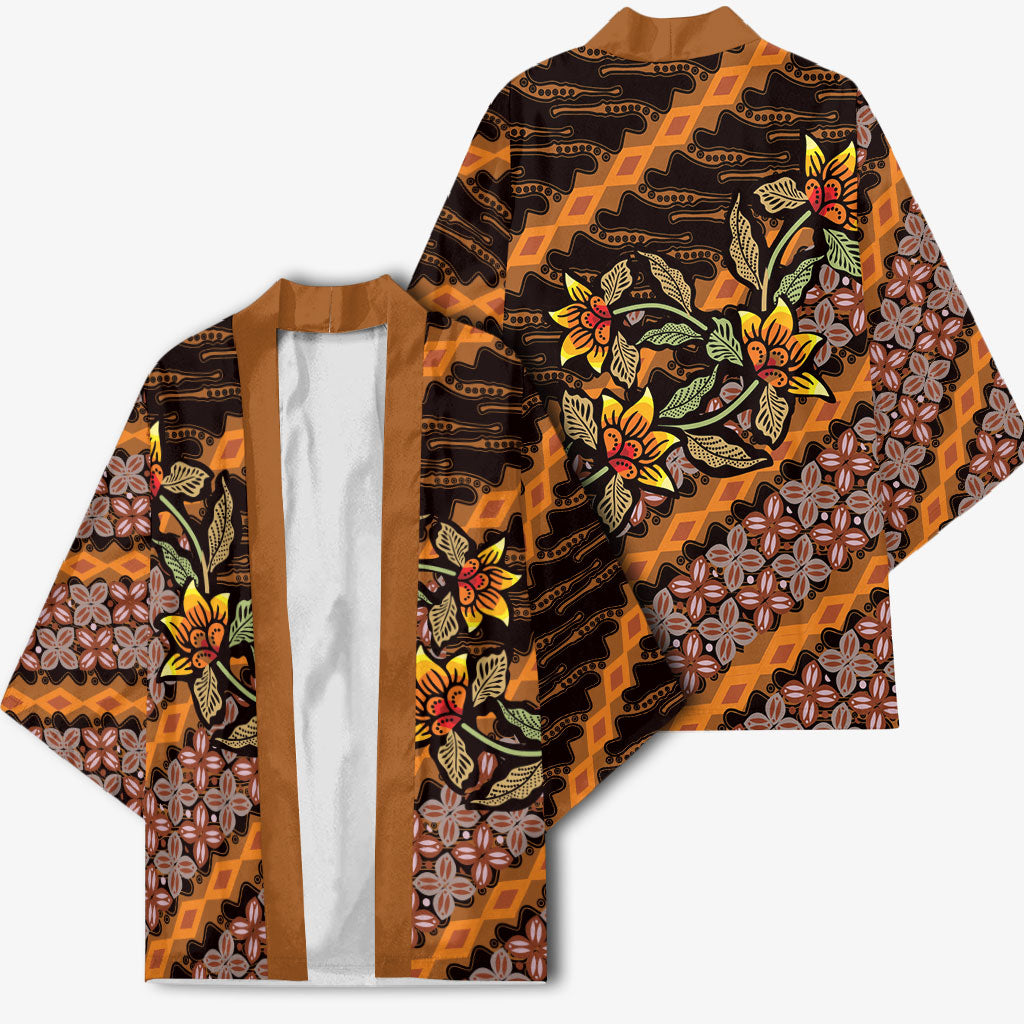 Indonesian Batik Motifs Pattern Floral Art Orange Kimono