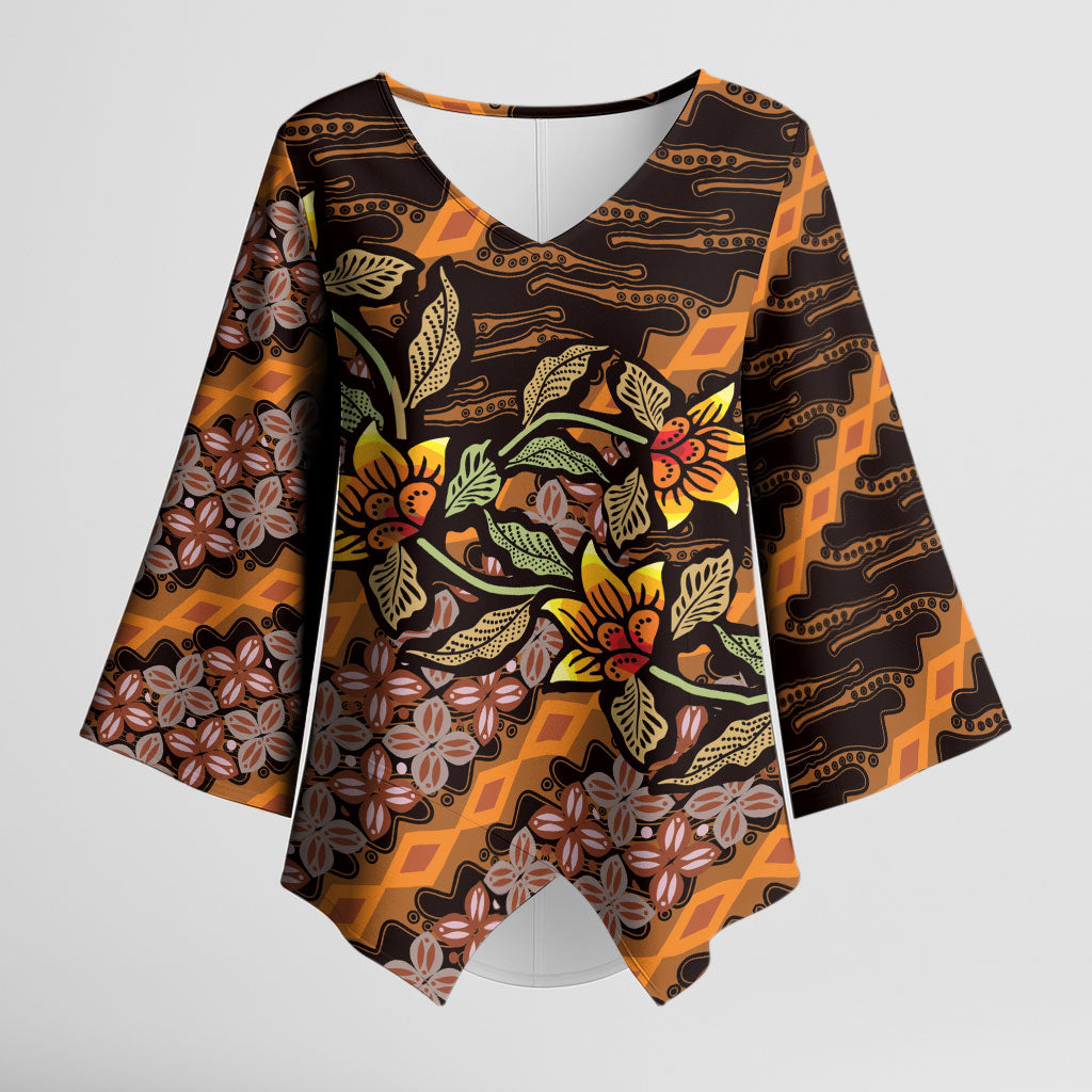 Indonesian Batik Motifs Pattern Floral Art Orange Kimono Sleeve Blouse