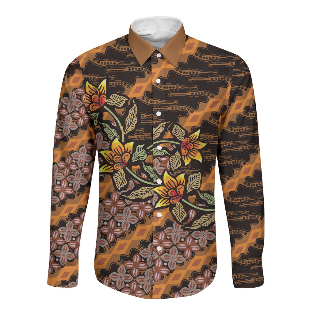 Indonesian Batik Motifs Pattern Floral Art Orange Long Sleeve Button Shirt